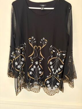 Alfani Sheer Embroidered Top Blouse Black Floral Long Sleeve Sz L